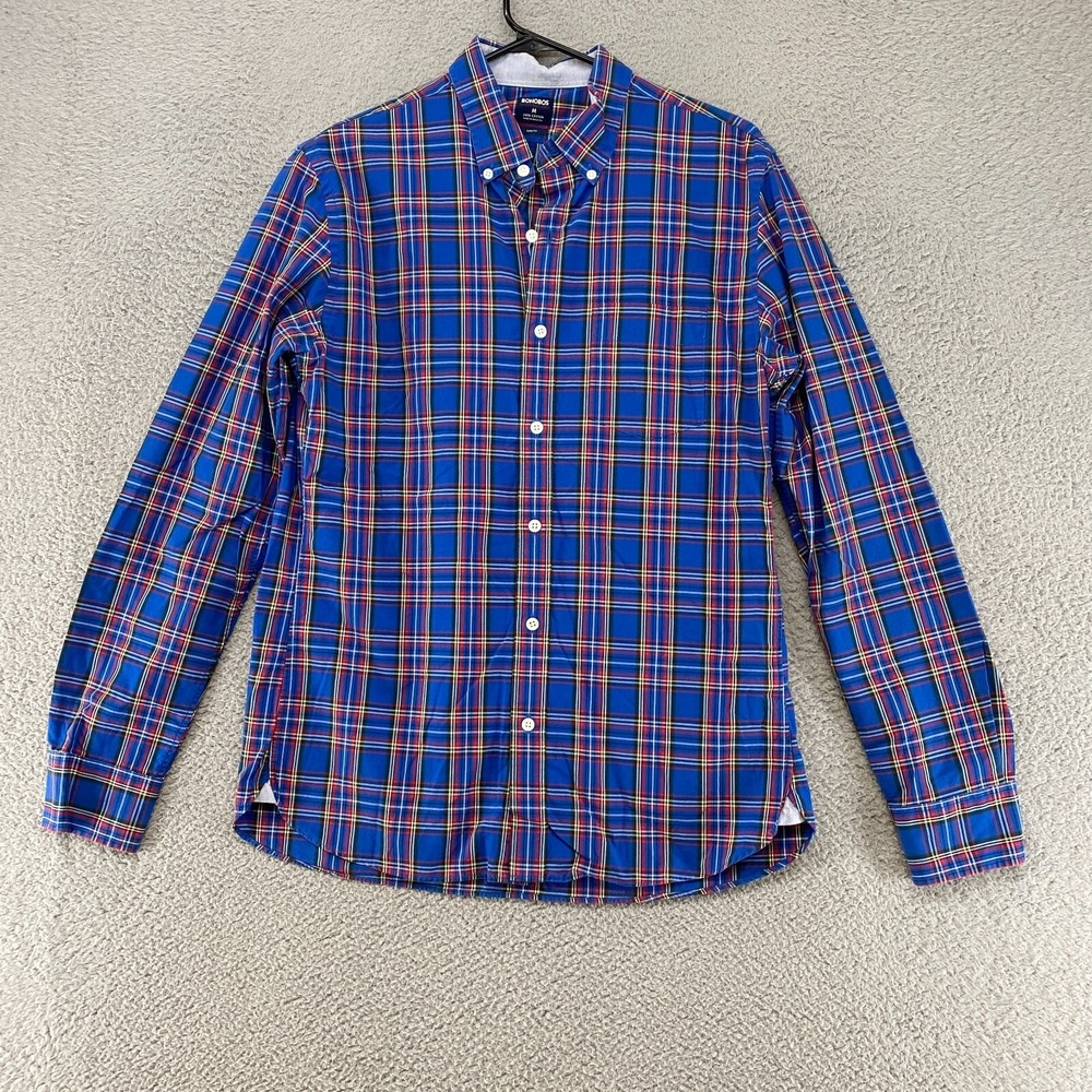 Bonobos Shirt Mens Medium Plaid Button Up 100% Cotton Blue Slim Fit Everyday